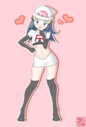 Rule 34 | 1girl, absurdres, alternate costume, beanie, black gloves, black thighhighs, blue eyes, blue hair, blush, character cutout, cosplay, creatures (company), dawn (pokemon), elbow gloves, female focus, full body, game freak, gloves, hair ornament, hairclip, hand on own hip, hand up, hat, heart, highres, jessie (pokemon) (cosplay), legs apart, long hair, looking at viewer, matching hair/eyes, miniskirt, navel, nintendo, open mouth, outline, pink background, pokemon, pokemon (anime), pokemon dppt, short sleeves, simple background, skirt, smile, solo, standing, tax2rin, team rocket, team rocket (cosplay), text focus, thighhighs, translation request, white hat, white skirt, zettai ryouiki