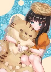 Rule 34 | 1girl, aqua eyes, artist name, artist request, bare legs, beret, black hair, black pants, black shorts, blue background, blunt bangs, bracelet, brown bracelet, brown hat, female focus, green eyes, hair over shoulder, hat, highres, holding, holding stuffed animal, jewelry, kurosawa dia, long hair, looking at viewer, love live!, love live! sunshine!!, mole, mole under mouth, nail, nail polish, orange shirt, pants, pink nails, puffy short sleeves, puffy sleeves, shirt, short sleeves, shorts, solo, stuffed animal, stuffed toy