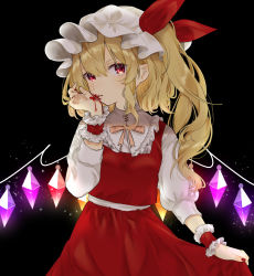 Rule 34 | 1girl, black background, blonde hair, blood, blush, commentary, cowboy shot, crystal, flandre scarlet, glowing, glowing wings, hat, hat ribbon, highres, licking, licking blood, light particles, long hair, long sleeves, looking at viewer, mob cap, nail polish, one side up, red eyes, red nails, red ribbon, red skirt, ribbon, shirt, simple background, skirt, skirt hold, skirt set, slit pupils, solo, symbol-only commentary, tongue, tongue out, touhou, vampire, white shirt, wings, wrist cuffs, yedan999, yellow neckwear
