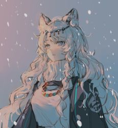 Rule 34 | 1girl, absurdres, animal ear fluff, animal ears, arknights, bead necklace, beads, black cape, blue eyes, cape, commentary request, dress, head chain, highres, jewelry, leopard ears, long hair, necklace, pramanix (arknights), solo, turtleneck, turtleneck dress, upper body, very long hair, white dress, white hair, yunluo