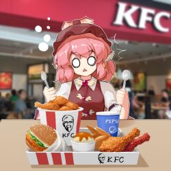 Rule 34 | 1girl, brown dress, brown hat, bucket of chicken, burger, collared shirt, commentary request, dress, edz drawz, fast food, food, fried chicken, hat, head tilt, highres, holding, holding spoon, holding spork, juliet sleeves, kfc, long sleeves, mystia lorelei, o o, pepsi, pinafore dress, pink hair, puffy sleeves, shirt, short hair, sleeve garter, sleeveless, sleeveless dress, solo, spoon, surprised, table, touhou, triangle mouth, white shirt, winged arms, wings