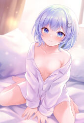 Rule 34 | 1girl, barefoot, bed sheet, between legs, blue eyes, blue hair, blush, breasts, closed mouth, collared shirt, commentary request, commission, dress shirt, h.live, hair ornament, hand between legs, heart, heart hair ornament, long sleeves, looking at viewer, luna neige, naked shirt, nikoo, off shoulder, pillow, pixiv commission, shirt, sitting, small breasts, solo, virtual youtuber, wariza, white shirt