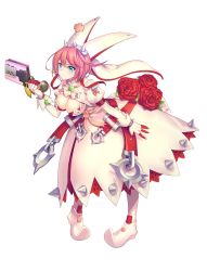 Rule 34 | 1girl, ahoge, animal ears, aqua eyes, arc system works, blue eyes, blush, boots, bouquet, breasts, bridal veil, cleavage, cleavage cutout, closed mouth, clothing cutout, clover, dress, earrings, elphelt valentine, female focus, fingernails over gloves, flower, four-leaf clover, frown, full body, gloves, guilty gear, guilty gear xrd, gun, hairband, hat, highres, holding, holding weapon, icomochi, jewelry, large breasts, leaning, leaning forward, light frown, long dress, long sleeves, looking at viewer, pink dress, pink footwear, pink hair, puffy short sleeves, puffy sleeves, rabbit ears, red flower, red rose, ribbon, rose, shiny skin, short hair, short sleeves, solo, spikes, standing, veil, weapon, wedding dress, white dress