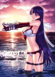 Rule 34 | 1girl, bikini, black hair, blue eyes, breasts, cloud, cowboy shot, earrings, elbow gloves, fate/grand order, fate (series), gauntlents, gauntlets, gloves, highres, hime cut, jewelry, large breasts, long hair, looking at viewer, martha (fate), martha (swimsuit ruler) (fate), martha (swimsuit ruler) (third ascension) (fate), navel, ocean, official art, outstretched arms, parted lips, purple hair, red gloves, sakamoto mineji, sky, smile, solo, stretching, sunset, swimsuit, thigh strap, twilight, very long hair, wading, water, wet, white bikini