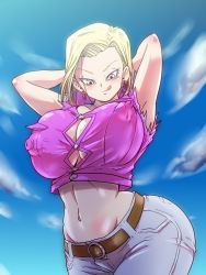 Rule 34 | 1girl, android 18, ass, bare shoulders, belt, blonde hair, blush, breasts, cloud, covered erect nipples, cowboy shot, curvy, cyborg, dragon ball, dragonball z, earrings, female focus, hoop earrings, huge breasts, jewelry, large breasts, legs, looking at viewer, naughty face, navel, nipples, no bra, pink skirt, rickert kai, short hair, simple background, skirt, sky, solo, standing, stomach, teasing, thighs, tongue, tongue out, white eyes, wide hips