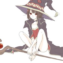 Rule 34 | 1girl, bare legs, barefoot, black choker, black panties, blush, bob cut, brown hair, button eyes, buttons, cape, choker, closed mouth, collarbone, commentary request, dress, expressionless, feet, full body, hat, holding, holding staff, inumoto, knees, knees up, kono subarashii sekai ni shukufuku wo!, legs, looking at viewer, megumin, panties, red dress, red eyes, short dress, short hair, simple background, sitting, soles, solo, staff, toes, underwear, wand, white background, witch hat