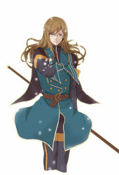 Rule 34 | 00s, 1boy, belt, brown hair, glasses, jade curtiss, long hair, male focus, polearm, red eyes, simple background, solo, tales of (series), tales of the abyss, tsukiko (doll house), weapon, white background