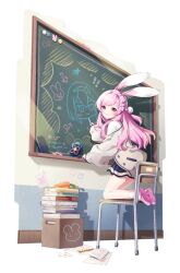 Rule 34 | 1girl, animal ears, bare legs, blue skirt, blush, book, book stack, bow, box, cardboard box, cardigan, carrot, chalk, chalkboard, classroom, cotton ball, eversoul, full body, game cg, grey cardigan, grin, hair ribbon, holding, holding chalk, jacket, kneeling, long hair, long sleeves, looking at viewer, looking to the side, off shoulder, official alternate costume, official alternate hairstyle, official art, on chair, open clothes, open jacket, paper, pencil, pink footwear, pink hair, puffy long sleeves, puffy sleeves, rabbit ears, rabbit girl, red eyes, ribbon, school uniform, sea turtle, shirt, skirt, sleeves past wrists, smile, socks, solo, soonie (eversoul), tachi-e, transparent background, turtle, white shirt, white socks
