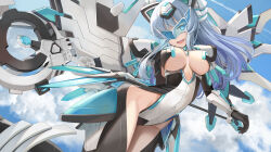 Rule 34 | 1girl, :d, armor, black gloves, black leotard, blue eyes, blue hair, blue leotard, blue sky, breasts, cleavage, clothing cutout, cloud, cloudy sky, commentary request, commission, cowboy shot, detached sleeves, dutch angle, energy wings, gloves, hair ornament, head-mounted display, highres, holding, holding staff, horns, kami jigen game neptune v, kiseijou rei (goddess form), large breasts, leotard, long hair, looking at viewer, mechanical gloves, mechanical horns, mechanical wings, multicolored hair, multicolored leotard, neptune (series), open mouth, pauldrons, purple hair, shoulder armor, skeb commission, sky, smile, solo, staff, sunga2usagi, sunlight, symbol-shaped pupils, thigh cutout, underboob, white leotard, wings