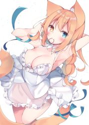 Rule 34 | 1girl, animal ears, arm up, armpits, blue ribbon, blush, breasts, cat ears, cat tail, cleavage, dress, frilled dress, frills, heterochromia, highres, long hair, looking at viewer, medium breasts, mouth hold, orange hair, original, ribbon, satsuki mayuri, smile, solo, tail, thigh gap, white background, white dress