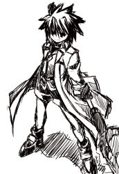 Rule 34 | 00s, 1boy, androgynous, ankle boots, boots, erio mondial, full body, greyscale, legs up, long hair, lyrical nanoha, mahou shoujo lyrical nanoha, mahou shoujo lyrical nanoha strikers, male focus, monochrome, simple background, sketch, solo, spiked hair, strada, uniform, white background