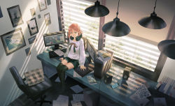 Rule 34 | 1girl, arms at sides, bad id, bad pixiv id, black shorts, black thighhighs, blouse, book, box, cardboard box, cellphone, chair, closed mouth, computer, day, drawer, drawing (object), drawing tablet, dust, from above, full body, green eyes, headphones, headphones around neck, legs together, long hair, long sleeves, looking at viewer, looking up, monitor, original, paper, phone, pillow, pink hair, red ribbon, ribbon, sawana, shirt, shorts, sitting, smartphone, smile, solo, speaker, sunlight, thighhighs, white shirt, window, window blinds, wooden floor