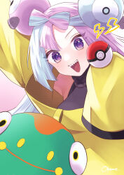 Rule 34 | 1girl, bellibolt, bow-shaped hair, breasts, character hair ornament, commentary request, creatures (company), game freak, green hair, grey shirt, hair ornament, highres, iono (pokemon), jacket, lightning bolt symbol, long sleeves, looking at viewer, medium breasts, multicolored hair, nintendo, poke ball, poke ball (basic), pokemon, pokemon (creature), pokemon sv, purple hair, rice kome95, shirt, sleeveless, sleeveless shirt, sleeves past fingers, sleeves past wrists, two-tone hair, yellow jacket