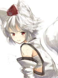 Rule 34 | 1girl, :t, animal ears, bare shoulders, detached sleeves, female focus, hat, inubashiri momiji, pout, red eyes, sarashi, short hair, simple background, sketch, solo, tail, tears, tokin hat, touhou, upper body, urin, white background, white hair, wolf ears, wolf tail