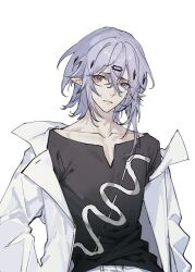 Rule 34 | 1boy, arknights, bishounen, black shirt, chuan04826, coat, cowboy shot, grey eyes, grey hair, highres, looking at viewer, male focus, pointy ears, shalem (arknights), shirt, short hair, simple background, solo, white background, white coat