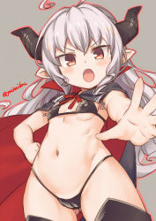 Rule 34 | 1girl, ahoge, bikini, black bikini, black cape, black thighhighs, blush, breasts, cape, commentary request, curled horns, death abyss, demon girl, demon horns, gluteal fold, grey background, groin, hair between eyes, hand on own hip, horns, ishuzoku reviewers, jingai modoki, long hair, looking at viewer, micro bikini, multicolored cape, multicolored clothes, navel, open mouth, original, outline, outstretched arm, pointy ears, red cape, red eyes, red outline, red ribbon, ribbon, silver hair, simple background, small breasts, solo, standing, stomach, swimsuit, thighhighs, twitter username, v-shaped eyebrows, very long hair
