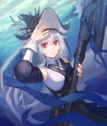 Rule 34 | 1girl, absurdres, arknights, arm up, black dress, black hat, breasts, closed mouth, commentary request, dress, grey hair, hat, highres, holding, holding weapon, long hair, long sleeves, looking at viewer, medium breasts, red eyes, smile, solo, specter (arknights), specter the unchained (arknights), very long hair, weapon, yidie