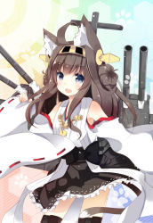 Rule 34 | 10s, 1girl, ahoge, animal ears, blush, brown hair, cat ears, cat tail, detached sleeves, hairband, japanese clothes, kantai collection, kemonomimi mode, kongou (kancolle), kurata yumi, long hair, looking at viewer, open mouth, personification, ribbon-trimmed sleeves, ribbon trim, skirt, smile, solo, tail, thighhighs, wide sleeves