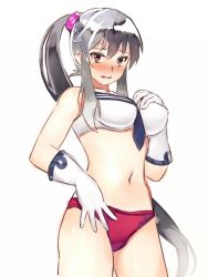 Rule 34 | 10s, 1girl, adapted costume, arm at side, bare shoulders, between breasts, black hair, blush, breasts, buruma, crop top, embarrassed, female focus, gloves, hand on own chest, hand on own hip, kantai collection, kibamigohann, large breasts, long hair, looking at viewer, midriff, navel, necktie, necktie between breasts, ponytail, red eyes, scrunchie, shirt, sidelocks, simple background, sleeveless, sleeveless shirt, solo, very long hair, wavy mouth, white gloves, yahagi (kancolle)