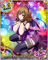 Rule 34 | 1girl, breasts, brown hair, card (medium), chess piece, cleavage, costume, demon tail, fake horns, female focus, high school dxd, horns, large breasts, mature female, official art, purple eyes, purple footwear, queen (chess), see-through, solo, squatting, tail, thighhighs, venelana gremory