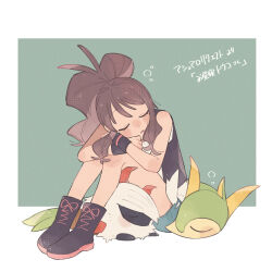 Rule 34 | 1girl, blush, boots, brown hair, closed eyes, commentary request, creatures (company), eyelashes, game freak, gen 5 pokemon, green background, green shorts, high ponytail, highres, hilda (pokemon), hime (himetya105), knees, larvesta, nintendo, open clothes, open vest, pokemon, pokemon (creature), pokemon bw, servine, shirt, short shorts, shorts, sidelocks, sideocks, sitting, squeans, sleeping, sleeveless, sleeveless shirt, vest, white shirt, wristband
