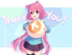 Rule 34 | 1girl, :d, animal ears, artist name, ball, bare shoulders, black skirt, black thighhighs, blush, cat ears, cat tail, english text, eyebrows, fang, hair between eyes, hair bobbles, hair ornament, head tilt, holding, holding ball, hyanna-natsu, long hair, long sleeves, looking at viewer, low twintails, off-shoulder, off-shoulder sweater, off shoulder, open mouth, original, pink hair, skirt, smile, solo, standing, sweater, tail, tareme, text focus, thank you, thigh gap, thighhighs, tooth, twintails, zettai ryouiki