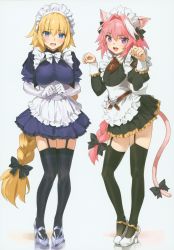 Rule 34 | 1boy, 1girl, absurdres, alternate costume, animal ear fluff, animal ears, apron, astolfo (fate), bird, black thighhighs, blonde hair, blue eyes, blush, braid, cat ears, cat girl, cat tail, crossdressing, dress, eagle, elbow gloves, embarrassed, enmaided, fang, fate/apocrypha, fate/grand order, fate (series), frills, full body, garter straps, gloves, gold trim, grey background, hair intakes, headpiece, high heels, highres, incredibly absurdres, jeanne d&#039;arc (fate), jeanne d&#039;arc (ruler) (fate), kemonomimi mode, lion, long braid, long hair, long sleeves, maid, maid apron, maid headdress, open mouth, paw pose, pink hair, puffy sleeves, purple eyes, ribbon, scan, simple background, single braid, skindentation, standing, tail, tail ornament, tail ribbon, thighhighs, trap, very long hair, waist apron, white background, wrist cuffs, yd (orange maru)