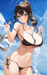 Rule 34 | 1girl, absurdres, artist request, bare arms, bare shoulders, between breasts, bikini, black bikini, black hair, blue eyes, blue sky, breasts, cloud, cowboy shot, day, grin, highres, large breasts, long hair, looking at viewer, navel, original, outdoors, ponytail, second-party source, side-tie bikini bottom, sky, smile, solo, standing, stomach, swimsuit, very long hair