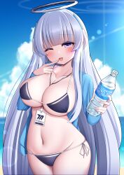 Rule 34 | 1girl, :d, absurdres, beach, bikini, black bikini, blue archive, blue jacket, blue sky, blunt bangs, blush, bottle, breasts, cleavage, cloud, collarbone, commentary request, cowboy shot, day, finger to mouth, grey hair, halo, highres, holding, holding bottle, jacket, kumanosora, large breasts, lens flare, long hair, mechanical halo, name tag, navel, noa (blue archive), one eye closed, open mouth, outdoors, purple eyes, sky, smile, solo, standing, stomach, swimsuit, underboob, very long hair, water bottle