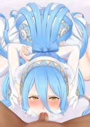 Rule 34 | 1girl, arms behind back, ass, azura (fire emblem), blue hair, blush, bound, bound wrists, breasts, bridal gauntlets, checkered background, covered erect nipples, denkaisui, fellatio, fire emblem, fire emblem fates, from above, gloves, hair between eyes, hairband, hetero, highres, kneeling, long hair, looking at viewer, looking up, nintendo, oral, penis, pov, pubic hair, solo focus, sweat, uncensored, white gloves, white legwear, yellow eyes