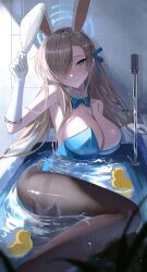 Rule 34 | 1girl, absurdres, animal ears, arm support, asuna (blue archive), asuna (bunny) (blue archive), bathtub, black pantyhose, blonde hair, blue archive, blue bow, blue eyes, blue leotard, bow, breasts, cleavage, collarbone, detached collar, gloves, hair over one eye, halo, highres, large breasts, leotard, long hair, lying, official alternate costume, on side, pantyhose, partially submerged, rabbit ears, sa 2da, sideboob, smile, solo, wet, wet clothes, wet pantyhose, white gloves