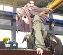 Rule 34 | 3girls, ahoge, arm support, blue hair, blurry, blush, braid, brown eyes, brown hair, crossed arms, depth of field, eye contact, fairy (kancolle), gloves, green hair, hachimaki, hakama, hakama skirt, hangar, happy, headband, helmet, high ponytail, indoors, japanese clothes, kantai collection, leaning forward, long hair, looking at another, mini person, minigirl, mofu namako, multiple girls, muneate, open mouth, pointing, short hair, single braid, single glove, size difference, skirt, smile, zuihou (kancolle)