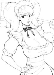 Rule 34 | 1girl, 2024, anger vein, apron, atlus, bow, bowtie, breasts, broom, cleavage, commentary, detached collar, earrings, english commentary, female focus, frilled apron, frills, hand on own hip, highres, holding, holding broom, jewelry, kawakami sadayo, large breasts, lips, looking at viewer, maid, maid headdress, mature female, monochrome, narrow waist, official alternate costume, open clothes, open mouth, open shirt, persona, persona 5, plow (witch parfait), puffy sleeves, simple background, solo, twintails, veins, veiny hands