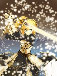 Rule 34 | 1girl, ahoge, armor, armored dress, artoria pendragon (fate), blonde hair, dress, excalibur (fate/stay night), fate/stay night, fate (series), gauntlets, green eyes, hair ribbon, highres, light particles, ribbon, saber (fate), solo, sword, weapon, xingnai