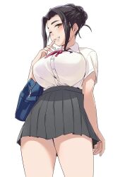 1girl bag black_hair black_skirt blush breasts cowboy_shot ebihara_naho finger_to_mouth from_below green_eyes holding holding_bag idolmaster idolmaster_cinderella_girls idolmaster_cinderella_girls_starlight_stage kawaty large_breasts long_hair looking_at_viewer neck_ribbon one_eye_closed pleated_skirt red_ribbon ribbon school_bag school_uniform shirt short_sleeves simple_background skirt smile solo standing thick_eyebrows white_background white_shirt