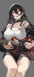 Rule 34 | 1girl, absurdres, black collar, black hair, black jacket, blush, breasts, cleavage, collar, collarbone, earrings, electric guitar, grey background, guitar, highres, holding, holding instrument, hoop earrings, instrument, jacket, jewelry, large breasts, long hair, long sleeves, looking at viewer, niji (user gaxk2333), open mouth, original, red eyes, short shorts, shorts, simple background, smile, teeth, torn clothes, torn shorts, upper teeth only