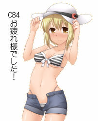 Rule 34 | 1girl, alternate costume, armpits, bikini, bikini under clothes, blonde hair, blush, breasts, cleaning, collarbone, front-tie bikini top, front-tie top, g-string, gloves, hands on headwear, hat, hat ribbon, looking at viewer, lunasa prismriver, medium breasts, navel, open fly, panties, ribbon, short shorts, shorts, simple background, solo, striped bikini, striped clothes, swimsuit, swimsuit under clothes, thong, touhou, translated, underboob, underwear, unzipped, white background, white gloves, yellow eyes, yoshi tama
