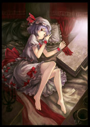 Rule 34 | 1girl, absurdres, bad id, bad pixiv id, barefoot, bat wings, bed, bloomers, dress, feet, female focus, frilled pillow, frills, hat, highres, light purple hair, lying, on side, oto taku, pillow, red eyes, remilia scarlet, short hair, smile, solo, touhou, underwear, wings, wrist cuffs, yinzhai