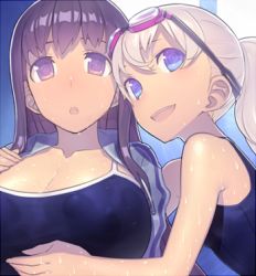 Rule 34 | 2girls, bad id, bad pixiv id, black hair, blonde hair, blue eyes, breasts, competition school swimsuit, goggles, kanjy00u, large breasts, long hair, lowres, multiple girls, new school swimsuit, one-piece swimsuit, open mouth, original, purple eyes, school swimsuit, smile, sweat, swimsuit