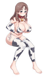 Rule 34 | 1girl, absurdres, animal print, aningay, bare shoulders, barefoot, bell, bikini, blue eyes, breasts, bridal gauntlets, brown hair, collar, collarbone, copyright request, cow print, detached leggings, full body, highres, large breasts, long hair, mole, mole on breast, neck bell, parted bangs, print bikini, red collar, short eyebrows, side-tie bikini bottom, simple background, sitting, solo, swimsuit, thick eyebrows, white background
