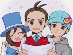 Rule 34 | 1girl, 2boys, ace attorney, apollo justice, apollo justice: ace attorney, blue hat, blue necktie, brown eyes, brown hair, character request, closed eyes, closed mouth, dangle earrings, earrings, gloves, grey eyes, grey hoodie, hat, highres, holding, holding paper, hood, hoodie, jewelry, multiple boys, necktie, open mouth, paper, sebon (sebochin), short hair, top hat, trucy wright, white gloves