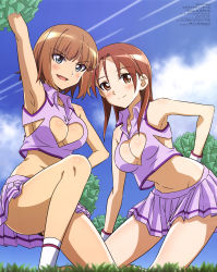 Rule 34 | 2girls, absurdres, arm up, armpits, bare arms, black panties, blue eyes, blue sky, blunt bangs, breasts, brown hair, cheerleader, cleavage, cleavage cutout, closed mouth, clothing cutout, cloud, collarbone, collared shirt, contrail, crop top, day, grass, gundula rall, hand on own hip, heart cutout, highres, holding, holding pom poms, looking at viewer, mc axis, medium breasts, medium hair, minna-dietlinde wilcke, multiple girls, official art, open mouth, outdoors, panties, pom pom (cheerleading), pom poms, purple shirt, purple skirt, red eyes, red hair, scan, shirt, short hair, sideboob, sidelocks, skirt, sky, smile, socks, strike witches, thighs, underwear, white legwear, world witches series
