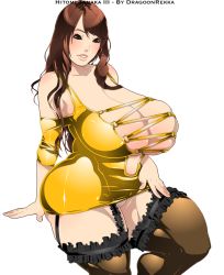 Rule 34 | 1girl, arm support, artist name, bare shoulders, breasts, brown eyes, brown hair, character name, cleavage, curvy, dragoon-rekka, dress, female focus, garter straps, highres, huge breasts, japanese (nationality), lingerie, lips, long hair, no bra, no panties, real life, revealing clothes, short dress, solo, standing, tanaka hitomi, text focus, thighhighs, transparent background, underwear, upskirt, yellow dress