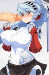 Rule 34 | 1boy, 1girl, breasts, covered erect nipples, highres, imminent fellatio, labrys (persona), large breasts, looking at penis, penis, penis awe, persona, red eyes, tagme