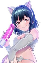 Rule 34 | 1girl, :q, animal ears, black hair, blush, bra, breasts, cat ears, cleavage, dildo, elbow gloves, fake animal ears, frilled bra, frills, gloves, hair between eyes, heart, heart-shaped pupils, highres, holding, holding sex toy, looking at viewer, love live!, love live! nijigasaki high school idol club, medium breasts, mifune shioriko, panties, partially fingerless gloves, red eyes, sex toy, short hair, sidelocks, solo, symbol-shaped pupils, tongue, tongue out, underwear, upper body, white background, white bra, white gloves, white panties, yamada taishi
