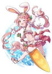 1girl absurdres alternate_costume animal_ears armpits blush braid breasts commentary_request flower full_body gloves goggles goggles_on_head hair_between_eyes hair_flower hair_ornament hat highres long_braid looking_at_viewer low_twin_braids mimi_(princess_connect!) open_mouth princess_connect! rabbit_ears sandals simple_background small_breasts swimsuit sword tsukachii twin_braids water weapon white_background yellow_eyes