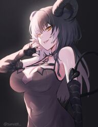 Rule 34 | 1girl, black background, black hair, black horns, black tail, breasts, chest belt, choker, cleavage, coat, demon girl, demon horns, demon tail, fang, from side, glowing, glowing eyes, grey hair, grin, hair ornament, highres, holoadvent, hololive, hololive english, horns, looking at viewer, medium breasts, multicolored hair, open mouth, shiori novella, shiori novella (1st costume), simple background, smile, solo, split-color hair, sumosumo, tail, twitter username, two side up, upper body, virtual youtuber, yellow eyes