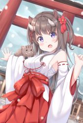 Rule 34 | 1girl, animal, animal ears, blue sky, blush, bow, breasts, brown hair, chinese zodiac, commentary request, day, detached sleeves, dutch angle, fang, fingernails, flower, hair flower, hair ornament, hakama, hakama skirt, hand up, head tilt, horns, japanese clothes, keiran (ryo170), long hair, long sleeves, medium breasts, miko, open mouth, original, outdoors, outstretched arm, pig, pig ears, purple eyes, red bow, red flower, red hakama, revision, ribbon-trimmed sleeves, ribbon trim, sarashi, skirt, sky, snow, snowing, solo, torii, two side up, very long hair, white sleeves, wide sleeves, year of the pig