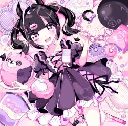 Rule 34 | 1girl, @ @, album cover, black hair, black horns, blunt bangs, blush, cellphone, commentary, cover, demon horns, denonbu, doughnut, dress, dutch angle, earphones, fake horns, feet out of frame, food, frilled dress, frills, hair ornament, hair ribbon, heart, heart o-ring, heart-shaped pillow, highres, hitsujida, horns, long hair, looking at viewer, lying, o-ring, o-ring thigh strap, on back, open mouth, phone, pillow, pink background, pink bag, pink ribbon, pomemori, puffy short sleeves, puffy sleeves, purple dress, reml, ribbon, short sleeves, smartphone, solo, symbol-only commentary, thigh strap, twintails, x hair ornament
