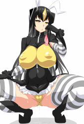 Rule 34 | 1girl, antennae, ass, black gloves, black hair, blush, breasts, condom, covered erect nipples, covered navel, gloves, large breasts, long hair, looking at viewer, otoo (izanagi), personification, plump, pussy, solo, spread legs, squatting, striped clothes, striped thighhighs, thighhighs, ultra kaijuu gijinka keikaku, ultra series, used condom, yellow eyes, zetton